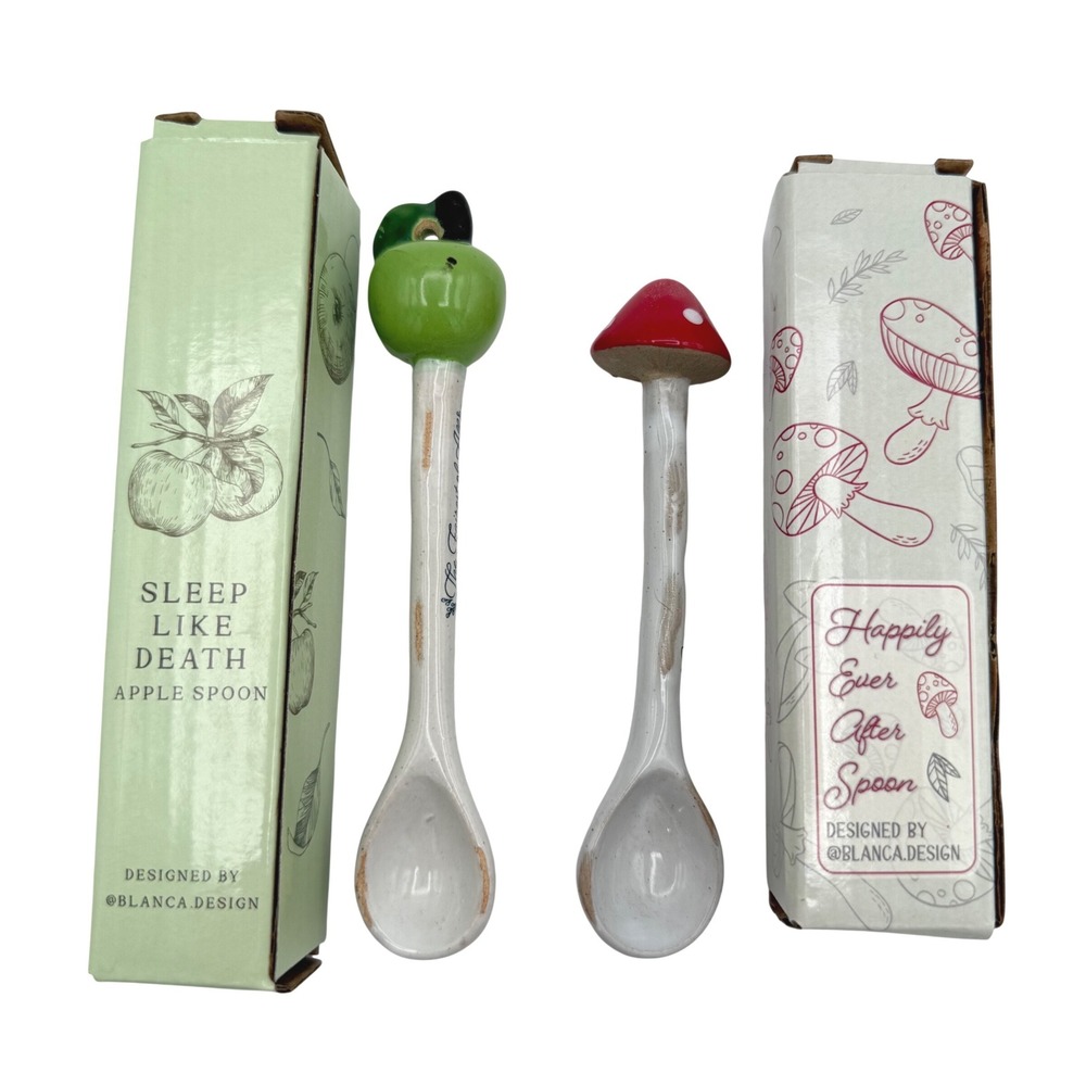 2 FAIRYLOOT Blanca Design Apple & Mushroom Ceramic Spoons Sleep Like Death NEW